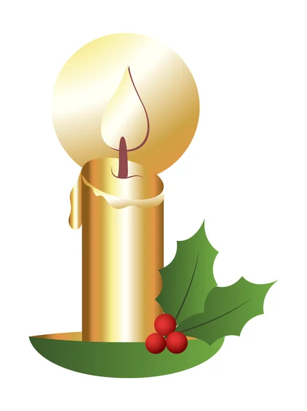 Vela de Navidad dorada con hojas sagradas — Vector de stock