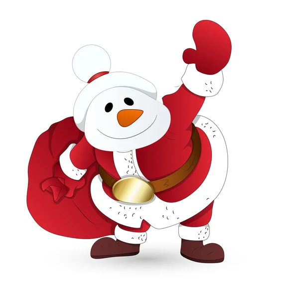 Rolig snögubbe Santa med gåva väska — Stock vektor