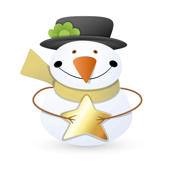 Happy Snowman with Hat and Golden Star — Stock Vector