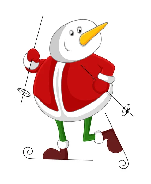 Cartoon Snowman Santa Skiing — Stock Vector