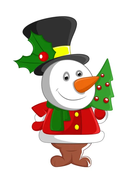 Cute Snowman Santa with Christmas Tree — Stock Vector