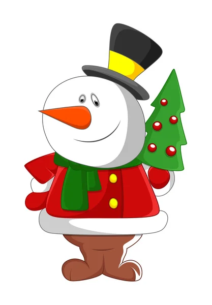 Cute Happy Snowman with Christmas Tree — Stock Vector