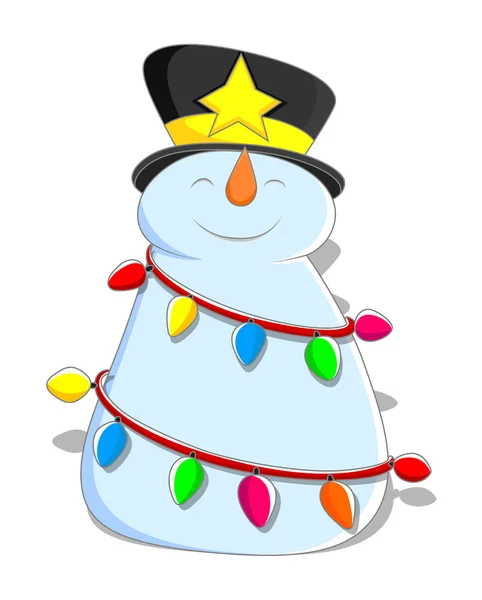 Muñeco de nieve feliz con luces decorativas — Vector de stock