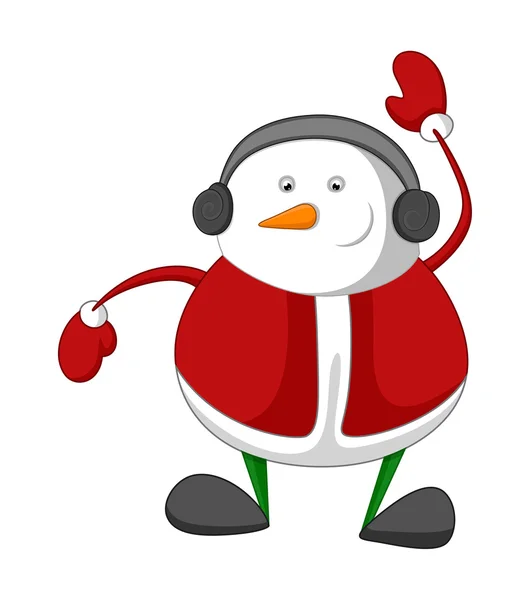 Gelukkig Snowman in Santa jurk met hoofdtelefoon — Stockvector