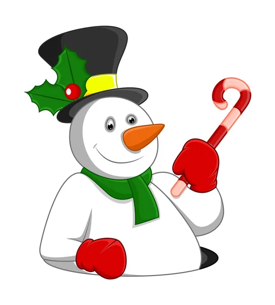 Happy Snowman Character with Candy Cane — Stock Vector