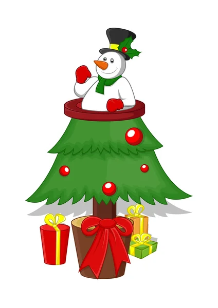 Árbol de Navidad con muñeco de nieve y cajas de regalo — Vector de stock