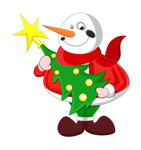 Happy Cartoon Snowman with Christmas Tree — Stock Vector