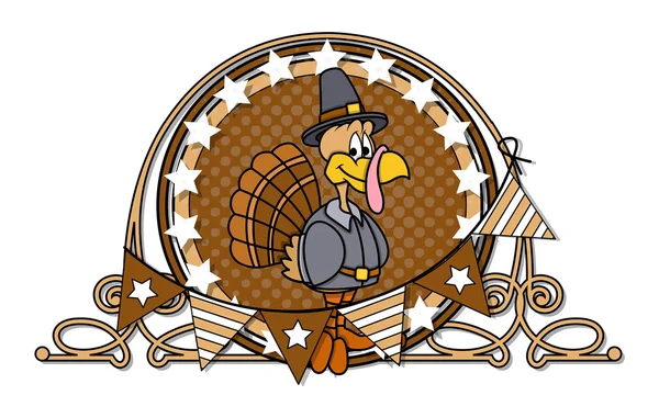 Feliz pavo con diseño de marco retro — Vector de stock