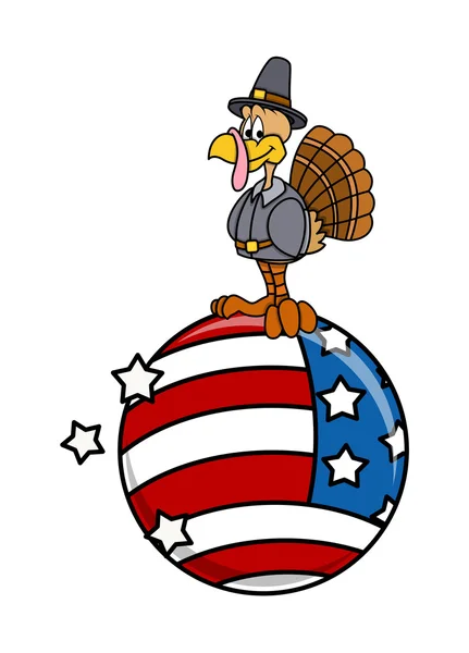 Cartoon Turkey Bird Character on USA Flag Earth — Stock Vector