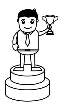 adam ayakta tutan bir kupa bardak - karikatür office vektör çizim podyumda