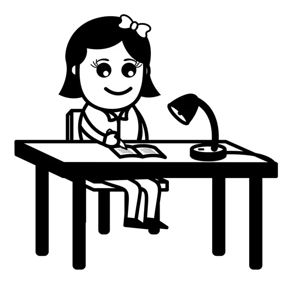 Kız masa lambası altında - karikatür office vektör çizim yazma — Stok Vektör