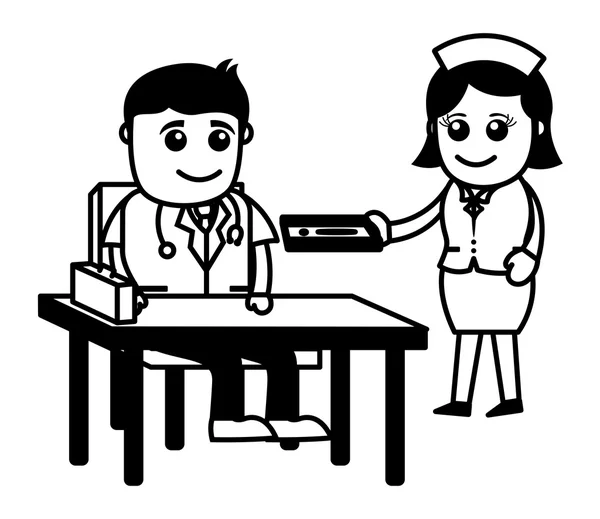 Doctor in de kliniek met nurse - medische stripfiguren — Stockvector