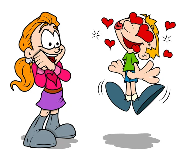 Cartoon Kid Boy falla i kärlek med en tjej — Stock vektor