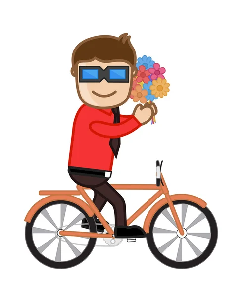 Grappige Boy fiets houden van bloemen — Stockvector