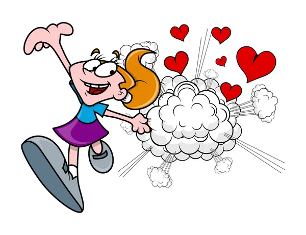 Happy Cartoon meisje - explosie harten Vector — Stockvector