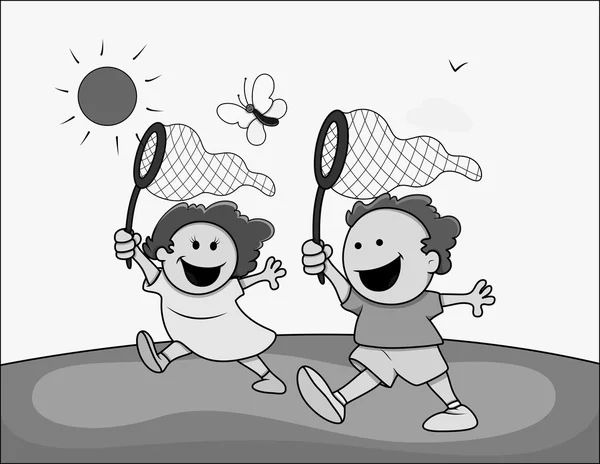 Cartoon Kids Playing and Catching Butterfly — Stock Vector