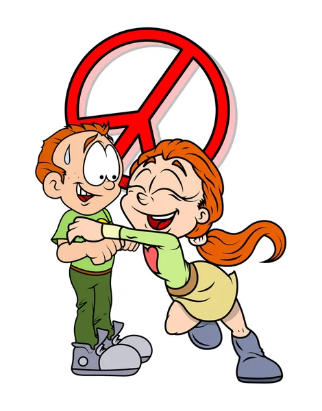 Illustration vectorielle Happy Cartoon Boy and Girl - avec symbole de paix — Image vectorielle