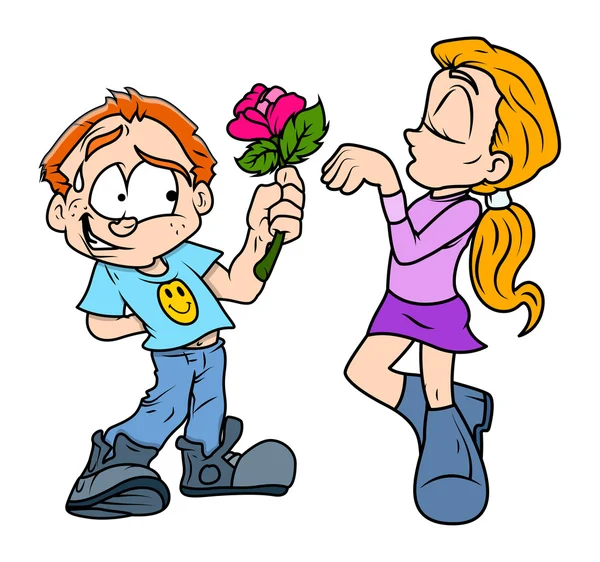 Travieso chico presentando flor a una chica — Vector de stock