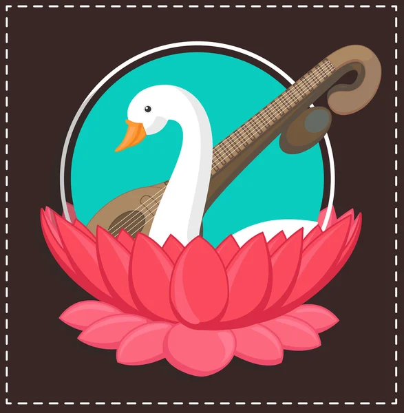 Swan in Lotus with Veena Music Instrument — 图库矢量图片
