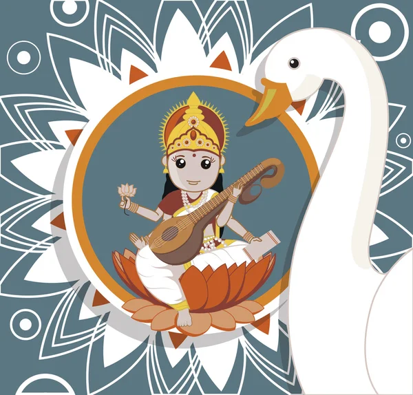 Zeița hindusă Saraswati cu lebăda albă — Vector de stoc