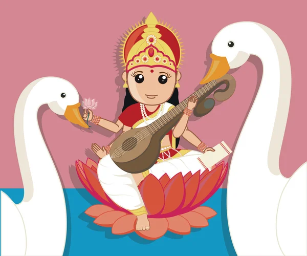 Maa Saraswati con las aves cisne — Vector de stock