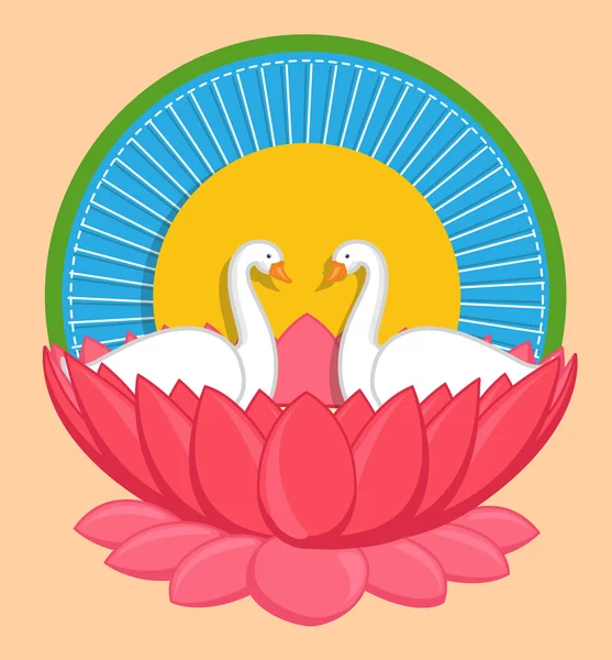 Cartoon Swan Birds in Lotus Flower Indian Background — 图库矢量图片