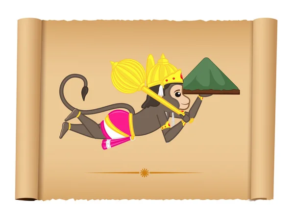 Lord Hanuman volando con la montaña llevando Ayurvadic Sanjeevani — Vector de stock
