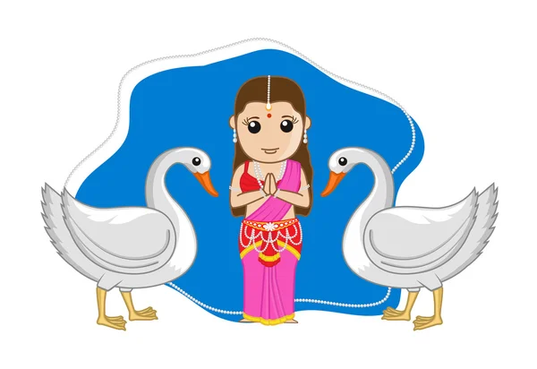 Indian Mythological Female Goddess with Swan Birds — ストックベクタ
