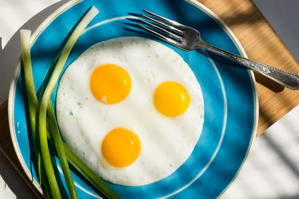 Huevos revueltos en un plato azul —  Fotos de Stock