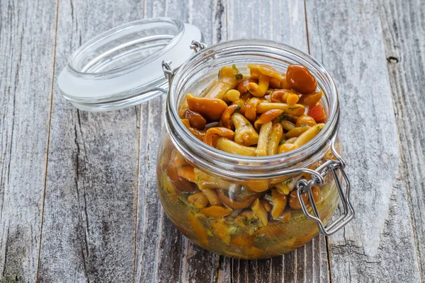 Marinated Mushrooms in a Glass Jar — Stock Photo, Image