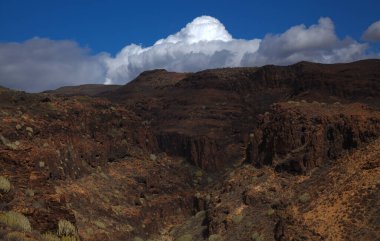 Gran Canaria, adanın güney kesimindeki çılgın Barranco del Toro çevresindeki yürüyüş rotası boyunca uzanan manzaralar, mağaralar ve mağaralarla dolu, San Agustin tatil köyüne yakın, kış yağmurlarından sonra vadide sular akıyor.