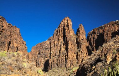 Gran Canaria, Barranco Hondo 'nun etrafındaki yürüyüş yolu boyunca uzanan manzaralar, adanın güney tarafındaki derin vadi, mağaralar ve mağaralarla dolu, Juan Grande köyüne yakın.