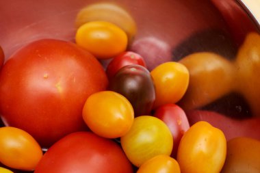 Metal bir kasede farklı renk ve boyutlarda domates.