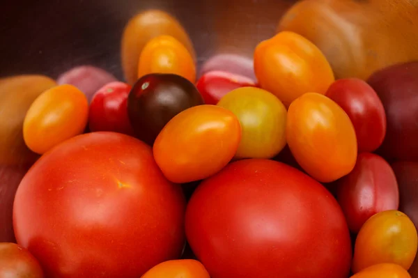 Différentes Couleurs Tailles Tomate Dans Bol Métal — Photo