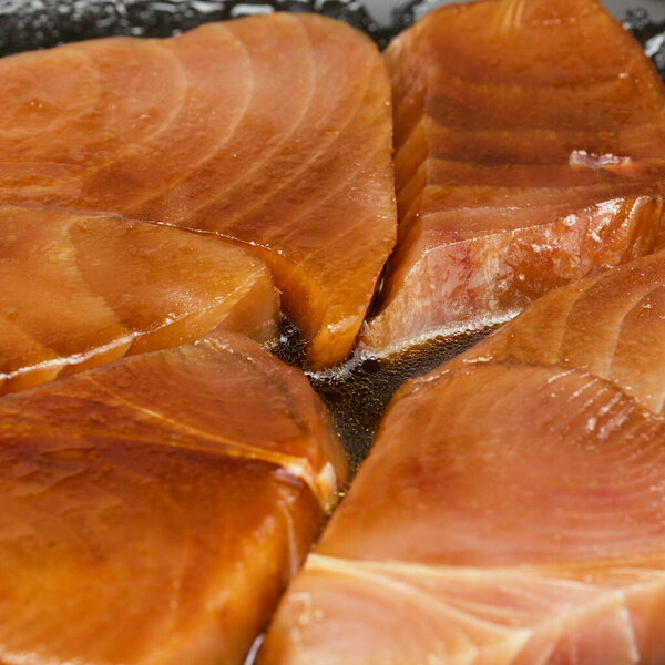 Yellowfin tuna steaks marinated with olive oil, soy sauce and honey 