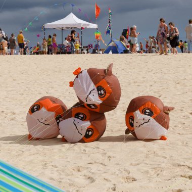 Fuerteventura, İspanya - 16 Kasım 2025: İzleyiciler Corralejo 'nun Doğa Parkı Kumulları' ndaki Uluslararası Uçurtma Festivali 'nde çok renkli uçurtmaların keyfini çıkarıyorlar