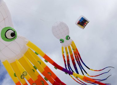 Fuerteventura, İspanya - 16 Kasım 2025: İzleyiciler Corralejo 'nun Doğa Parkı Kumulları' ndaki Uluslararası Uçurtma Festivali 'nde çok renkli uçurtmaların keyfini çıkarıyorlar