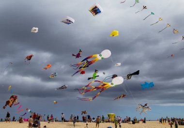 Fuerteventura, İspanya - 16 Kasım 2025: İzleyiciler Corralejo 'nun Doğa Parkı Kumulları' ndaki Uluslararası Uçurtma Festivali 'nde çok renkli uçurtmaların keyfini çıkarıyorlar