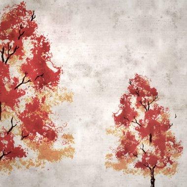 desenli eski kağıt arka plan, kare, sonbahar ağaç illüstrasyonlu