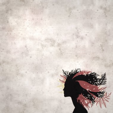 desenli eski kağıt arka plan, kare, profil üzerinde kadın kafasının güzel sanat baskısı