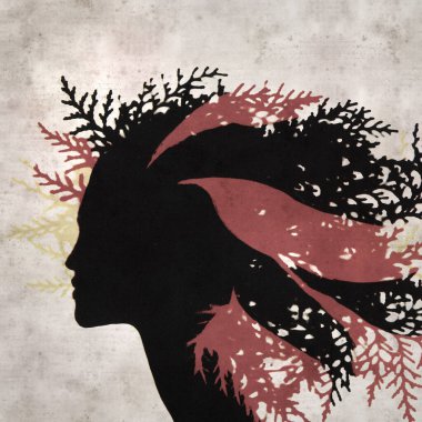 desenli eski kağıt arka plan, kare, profil üzerinde kadın kafasının güzel sanat baskısı