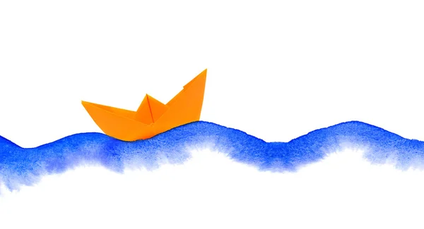 Watercolor waves and paper boat — Stock Photo, Image