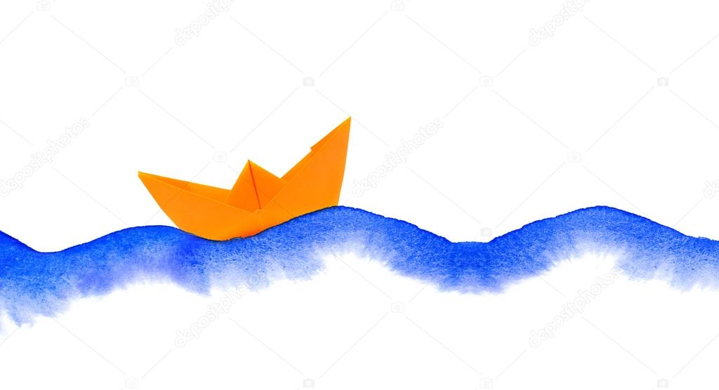 watercolor waves and paper boat