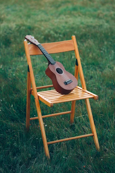 Little guitar standing on a chair on the grass in nature — Stock Photo, Image