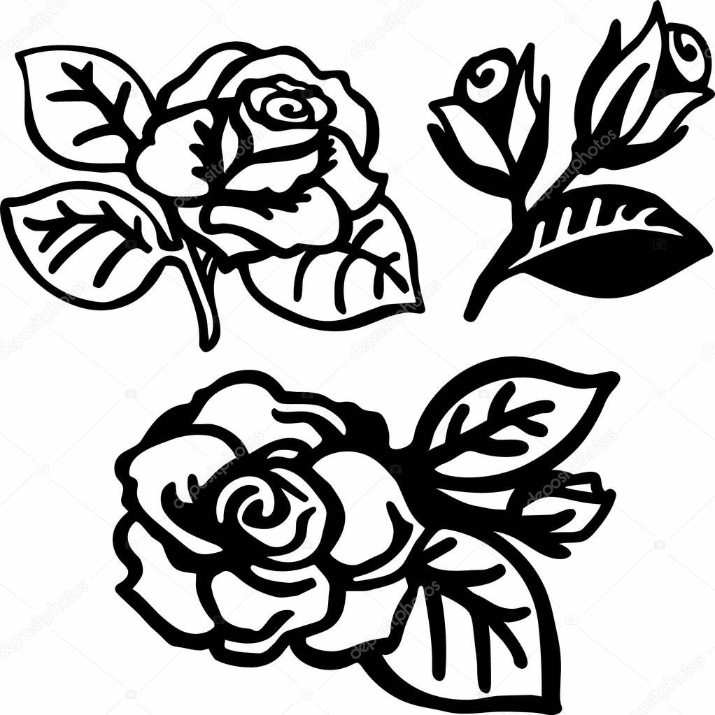 Three options for the silhouette of a rose flower with buds and leaves