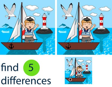 Çocuk oyunu farklılıkları bulur. Küçük bir çocuk denizde bir yelkenliyle seyahat ediyor.