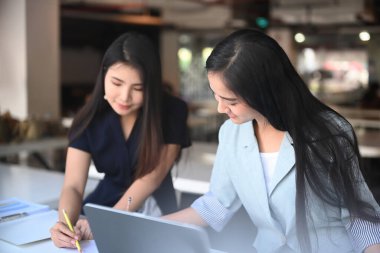 Modern çalışma alanındaki yeni tasarım projesinde çalışan iki genç kadın..