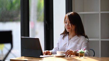 Bilgisayar hazırlama sunumunda çalışan mutlu iş kadını. 