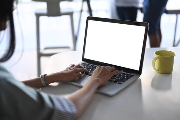 Close View Young Woman Hands Typing Mock Laptop Computer Blank — Stock Photo, Image