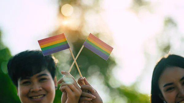 Schnappschuss Von Jungen Lgbt Paaren Während Sie Lgbt Flagge Zeigen — Stockfoto